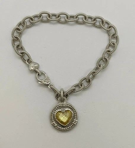 JUDITH RIPKA STERLING SILVER CANARY HEART DANGLE CHARM CHAIN BRACELET 7.25" LONG (1 of 2)