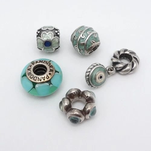 AUTHENTIC PANDORA STERLING SILVER 5 GREEN ENAMEL FLOWER EVIL EYE CHARMS: PANDORA STERLING SILVER LOTS OF 5 GREEN ENAMEL FLOWER EVIL EYE RETIRED CHARMS Authentic Pandora Sterling Silver Lots of 5 Green Enamel Flower Evil Eye Retired Charms Total Weight - 18.7 Grams