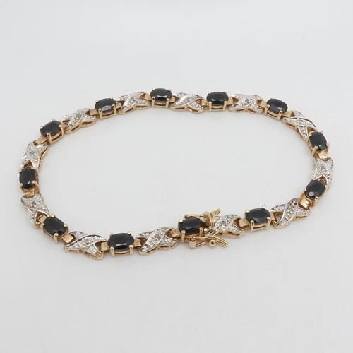 YELLOW GOLD PLATED STERLING SILVER OVAL SAPPHIRE DIAMOND TENNIS BRACELET 8" LONG (1 of 2)
