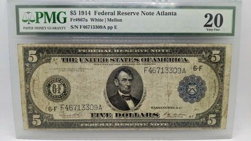 1914 $5 FEDERAL RESERVE NOTE ATLANTA - PMG 20 - FR#867A - LARGE SIZE NOTE (1 of 2)
