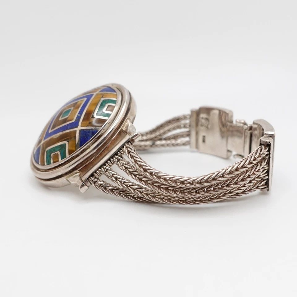 SILVER 950 PERU MULTI GEMSTONE OVAL INLAY BRAIDED CHAIN BRACELET - 7" LONG (1 of 1)