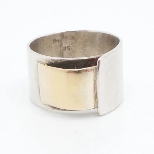 SILVER 900 & 14K YELLOW GOLD TWO TONE MODERNIST WIDE BAND RING SIZE 5 (1 of 2)