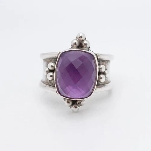 SIGNED STERLING SILVER AMETHYST BALI STYLE WIDE RING - SIZE 7.25 (1 of 2)