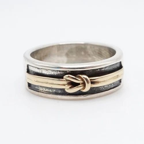 STERLING SILVER 14K YELLOW GOLD 7MM KNOT BAND RING - SIZE 7.25 (1 of 2)
