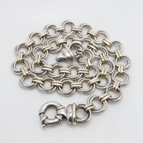 TWO TONE STERLING SILVER YELLOW GOLD PLATED 12MM CIRCLE CHAIN LINK NECKLACE 16" (1 of 1)