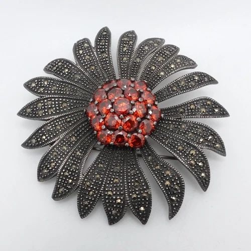 STERLING SILVER GARNET & MARCASITE FLOWER LARGE PENDANT BROOCH PIN 2.75" (1 of 2)