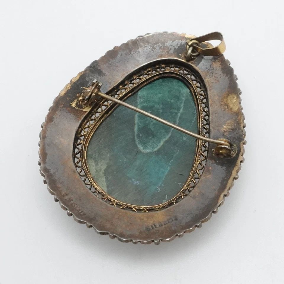 STERLING SILVER ISRAEL EILAT TURQUOISE LARGE BROOCH PIN PENDANT 2.5" (1 of 1)
