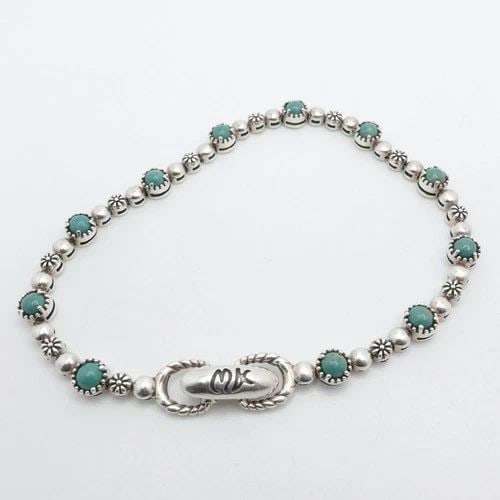 UTC STERLING SILVER GREEN TURQUOISE FLOWER CHAIN LINK BRACELET 8.25" LONG (1 of 2)