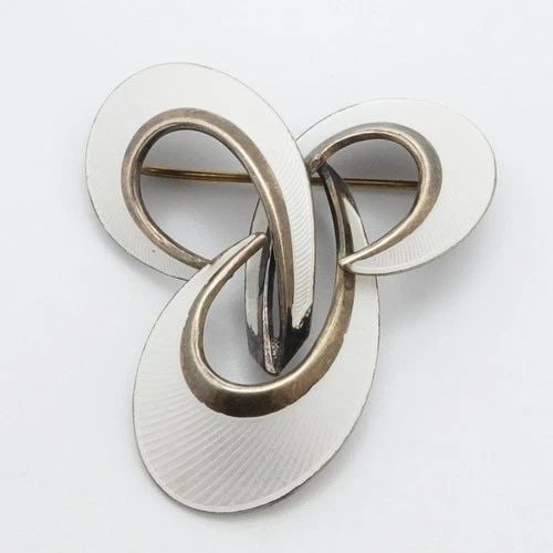 HROAR PRYDZ STERLING SILVER NORWAY GUILLOCHE WHITE ENAMEL MODERNIST BROOCH PIN (1 of 2)