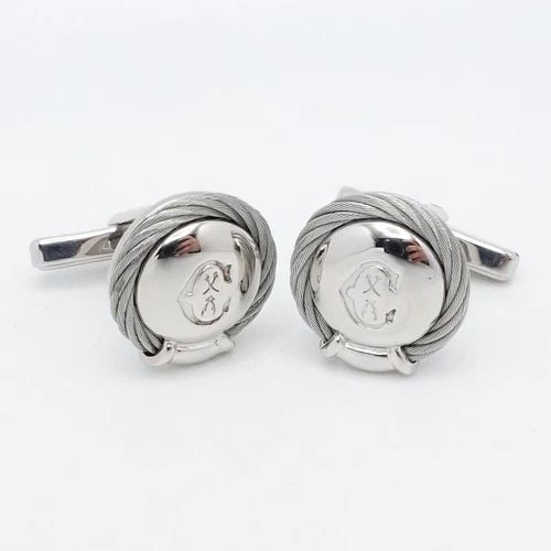 SILVER PLATED ROUND CABLE BEZEL INITIAL LETTER C CUFFLINKS (1 of 2)