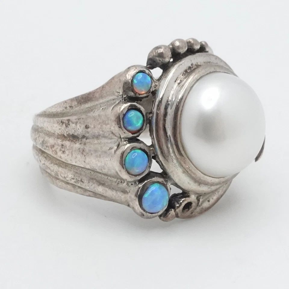 STERLING SILVER 10MM ROUND PEARL & OPAL ACCENT RING SIZE 8 (1 of 1)