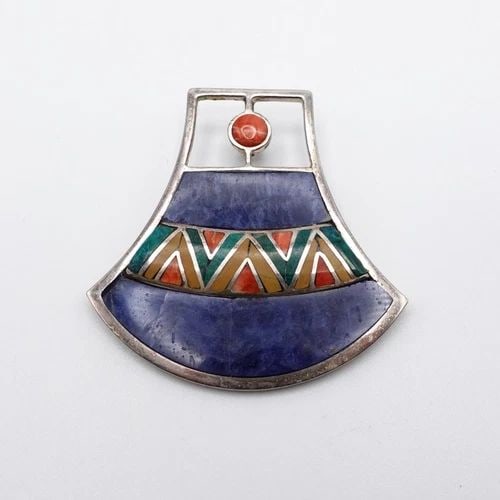 STERLING SILVER 925 PERU MULTI GEMSTONE INLAY ASYMMETRICAL PENDANT - 2" (1 of 2)