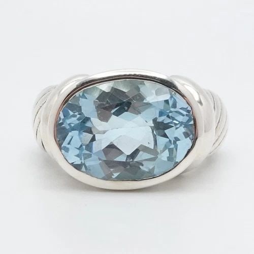 STERLING SILVER OVAL BLUE TOPAZ BEZEL CABLE STATEMENT RING - SIZE 10 (1 of 2)