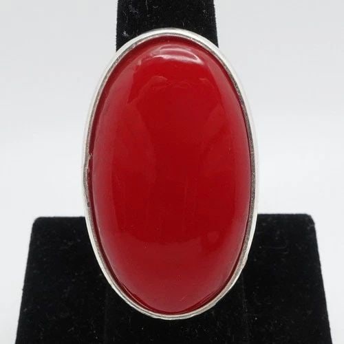 STERLING SILVER RED STONE CABOCHON LONG RING SIZE 6.75 (1 of 2)
