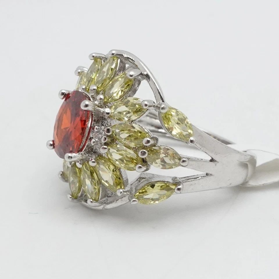 STERLING SILVER GARNET & CITRINE CLUSTER FLOWER COCKTAIL RING SIZE 7 (1 of 1)