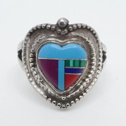 TAXCO STERLING SILVER MEXICO MULTI GEMSTONE HEART INLAY BAND RING SIZE 8.5 (1 of 1)