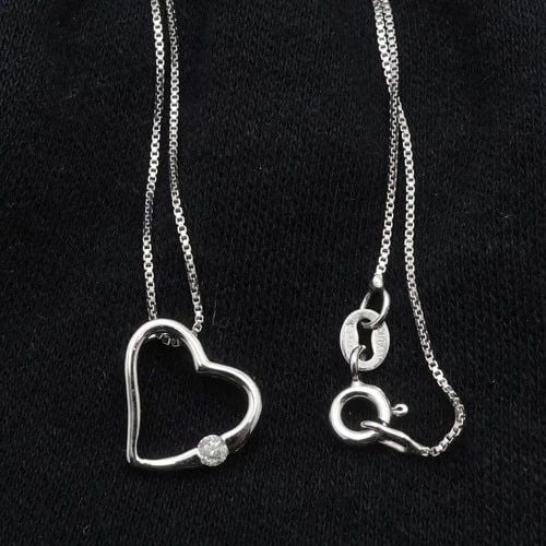 AFJC SIGNED STERLING SILVER OPEN HEART DIAMOND CHARM BOX CHAIN NECKLACE 17.75" (1 of 2)