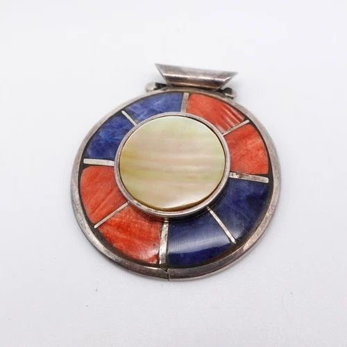 STERLING SILVER 925 MULTI GEMSTONE INLAY CIRCLE PENDANT 2" (1 of 2)