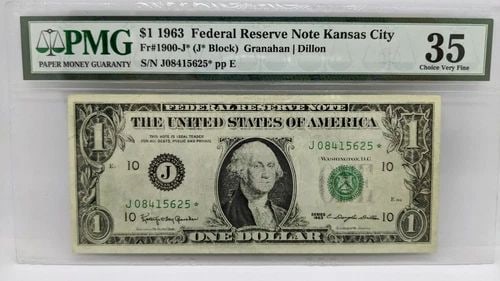 1963 $1 FEDERAL RESERVE NOTE KANSAS CITY PMG 35 - STAR NOTE: 1963 $1 FEDERAL RESERVE NOTE KANSAS CITY PMG 35 - STAR NOTE 1963 $1 Federal Reserve Note Kansas City Note # 1900-J Serial # J08415625 PMG Grade - VF 35 Choice Very Fine PMG Cert # 8067238-034 Signatur