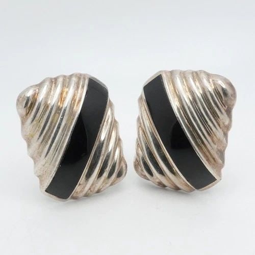 TAXCO STERLING SILVER MEXICO BLACK STONE RIBBED CLIP-ON STATEMENT EARRINGS 1.5" (1 of 2)