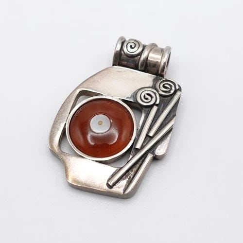 OP SILVER 950 BROWN ROUND GEMSTONE ASYMMETRICAL PENDANT - 2" (1 of 1)