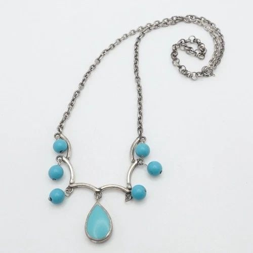 SU STERLING SILVER TEARDROP TURQUOISE BEADED CHAIN ADJUSTABLE NECKLACE 18" (1 of 2)