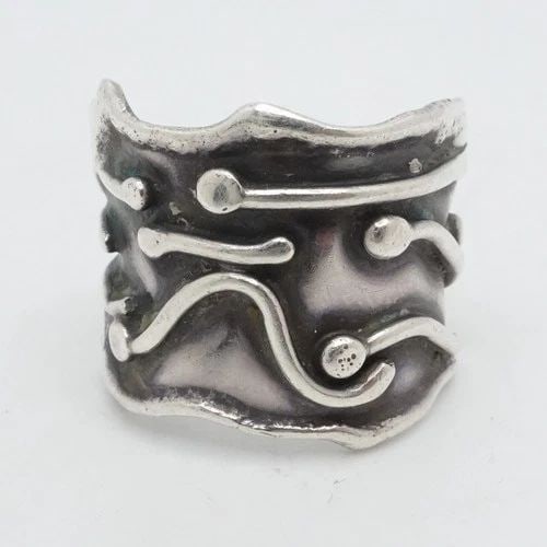 STERLING SILVER ABSTRACT HAMMERED WIDE BAND RING SIZE 9 (1 of 2)