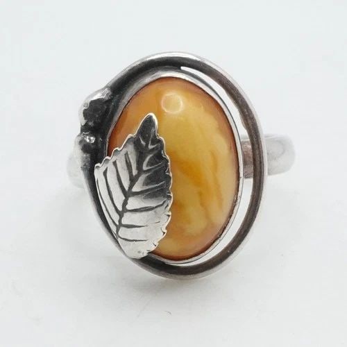 KW SIGNED STERLING SILVER CABOCHON YELLOW GEMSTONE NAVAJO LEAF RING SIZE 7 (1 of 2)