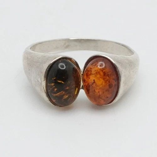STERLING SILVER OVAL DOUBLE AMBER SPLIT RING SIZE 7.75 (1 of 1)