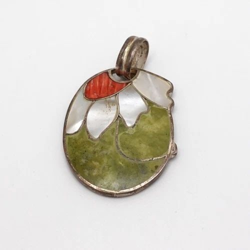 OP SILVER 950 MULTI GEMSTONE INLAY FLORAL OVAL PENDANT - 2" (1 of 2)