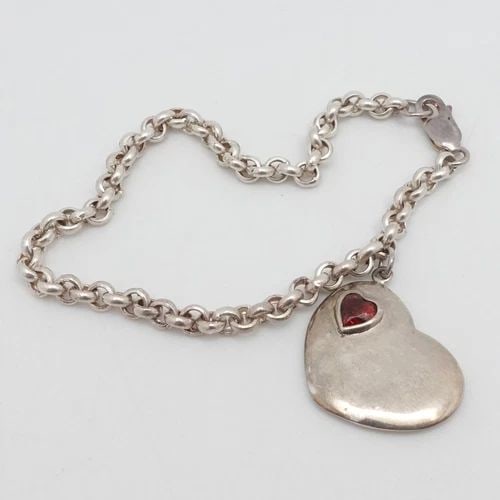 STERLING SILVER HEART GARNET CHARM DANGLE ROLO CHAIN BRACELET 7.5" LONG (1 of 2)
