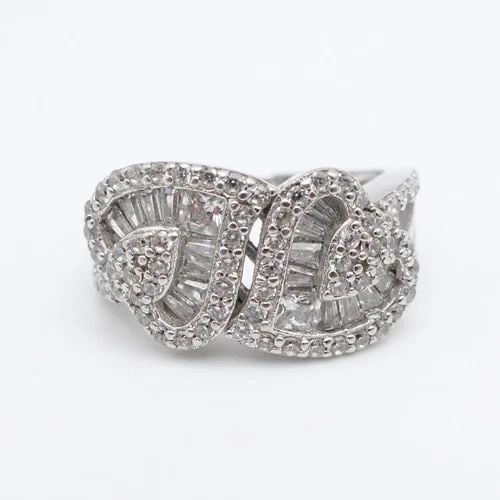 FZN STERLING SILVER DOUBLE HEARTS CLEAR CZ CUBIC ZIRCONIA PAVE RING - SIZE 7.25 (1 of 1)