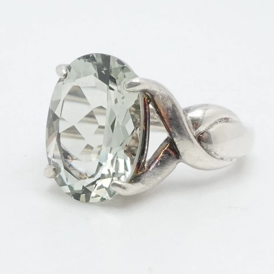 STERLING SILVER OVAL FACETED GREEN PRASIOLITE COCKTAIL RING SIZE 7.25 (1 of 1)