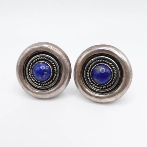 STERLING SILVER 925 LAPIS LAZULI BLUE GEMSTONE ROUND CLIP-ON EARRINGS 1" (1 of 2)