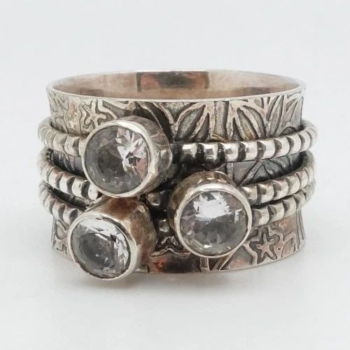STERLING SILVER ROUND CLEAR CUBIC ZIRCONIA FLOWER SPINNER WIDE BAND RING 10.25 (1 of 2)