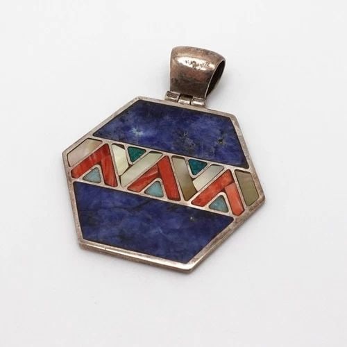 STERLING SILVER 925 MULTI GEMSTONE INLAY HEXAGON PENDANT - 2" (1 of 1)