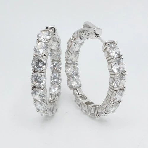 SD SIGNED STERLING SILVER ROUND CLEAR CZ HOOP EARRINGS 1.25" (1 of 2)