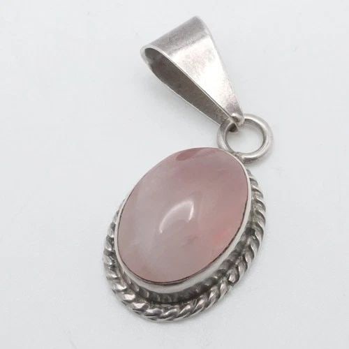 TAXCO STERLING SILVER MEXICO CABOCHON PINK ROSE QUARTZ OVAL PENDANT 2" (1 of 2)