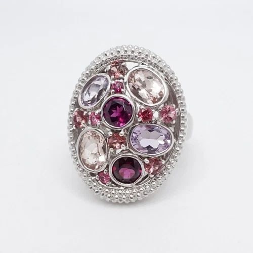 STERLING SILVER CLEAR AND PURPLE MULTI GEMSTONE CLUSTER RING - SIZE 10.25 (1 of 1)