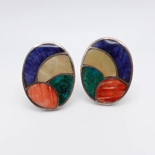SILVER 950 PERU MULTI GEMSTONE OVAL CLIP-ON STUD EARRINGS 1" (1 of 2)