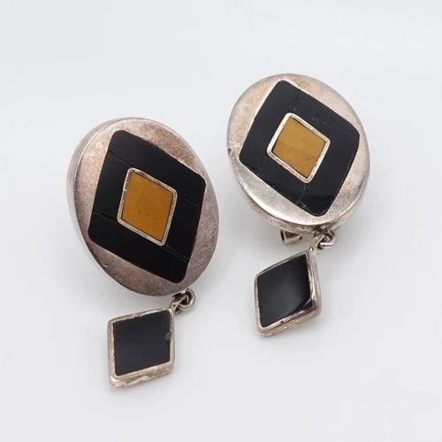 SILVER 950 PERU ONYX GEMSTONE OVAL CLIP-ON STUD DANGLE EARRINGS - 1.5" (1 of 2)