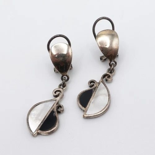 SILVER 950 PERU MOP & ONYX GEMSTONE CLIP ON STUD DANGLE EARRINGS - 1.5" (1 of 1)