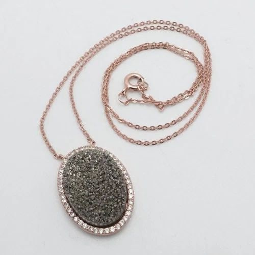 ROSE GOLD PLATED STERLING SILVER OVAL GRAY DRUZY CZ HALO PENDANT NECKLACE 18" (1 of 2)
