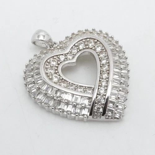 FZN SIGNED STERLING SILVER HEART PAVE CLEAR CUBIC ZIRCONIA PENDANT 1" (1 of 2)