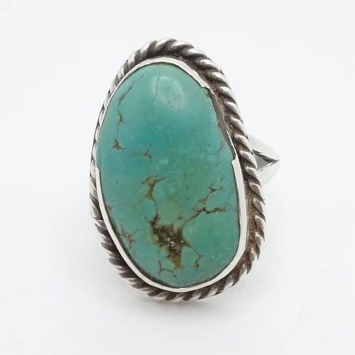 STERLING SILVER TURQUOISE NAVAJO ROPE TWIST BEZEL RING SIZE 7.5 (1 of 2)