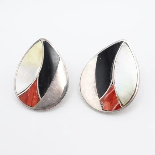 STERLING SILVER MULTI GEMSTONE INLAY TEARDROP CLIP-ON STUD EARRINGS 1.25" (1 of 2)