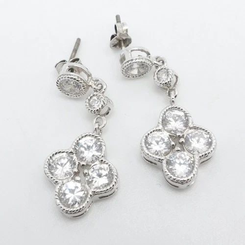 LR STERLING SILVER CLOVER CLEAR CUBIC ZIRCONIA DANGLE EARRINGS 1.25": LR STERLING SILVER CLOVER CLEAR CUBIC ZIRCONIA DANGLE EARRINGS 1.25" Signed LR Sterling Silver Clover Clear Cubic Zirconia Dangle Earrings Length - 1.25" Width - 13mm Total Weight - 5.2 Grams