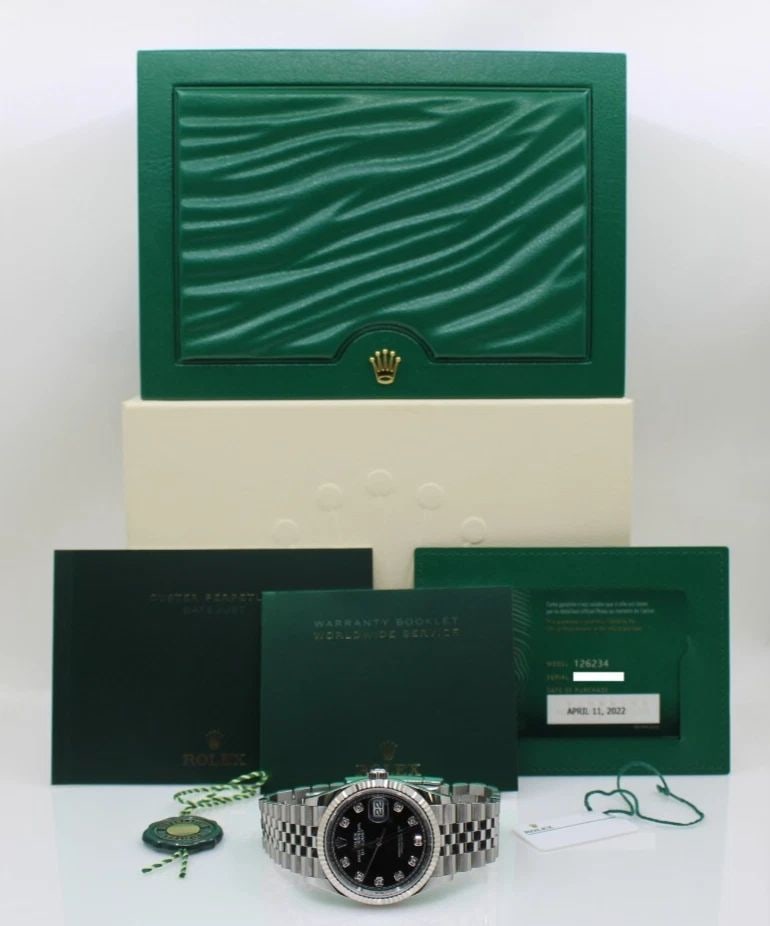ROLEX DATEJUST STAINLESS JUBILEE 36MM BLACK DIAMOND DIAL WATCH 126234 BOX PAPERS: ROLEX DATEJUST STAINLESS JUBILEE 36MM BLACK DIAMOND DIAL WATCH 126234 BOX PAPERS Description 2022 Rolex Datejust Stainless Jubilee 36mm Black Diamond Dial Watch 126234 Box Papers The watch has been us
