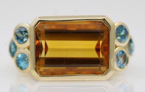 18K YELLOW GOLD CITRINE & BLUE TOPAZ RING SIZE 8 - 18 GRAMS (1 of 1)