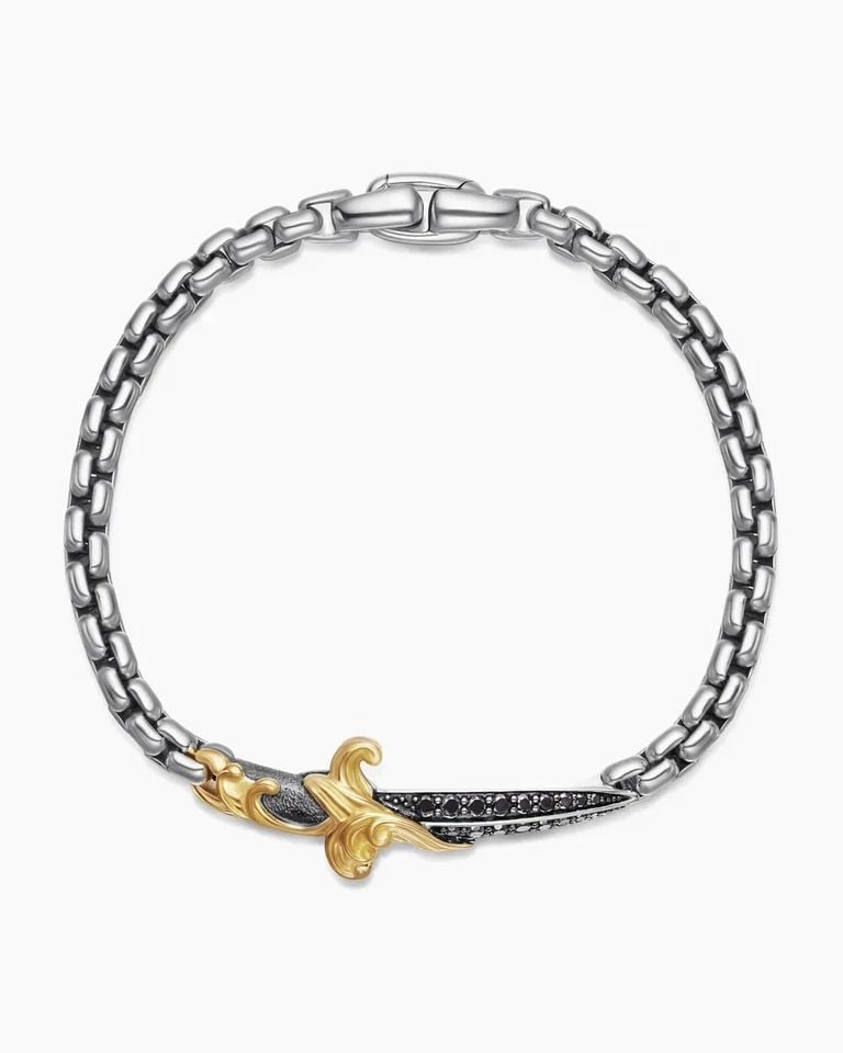 DAVID YURMAN STERLING SILVER & 18K GOLD WAVES DAGGER PAVE BLACK DIAMOND BRACELET: DAVID YURMAN STERLING SILVER & 18K GOLD WAVES DAGGER PAVE BLACK DIAMOND BRACELET Description David Yurman Sterling Silver & 18k Gold Waves Dagger Pave Black Diamond Bracelet ***Stock Image #1-3*** Bra